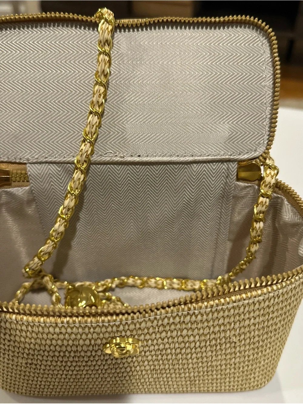 Woven Beige Crossbody Vanity Bag with Gold Handle